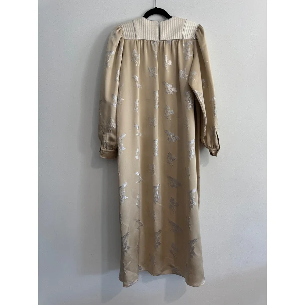 Tory Burch Mushroom Lurex Satin Gown Womens M Champagne Jacquard dress luxury - Picture 3 of 13